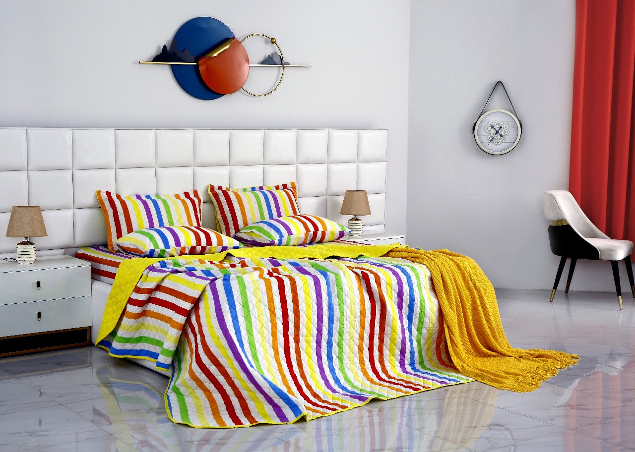 6 PCs Bed Spread Set-Multi Stripe(Yellow) Bed Spread Apricot   