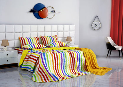6 PCs Bed Spread Set-Multi Stripe(Yellow) Bed Spread Apricot   