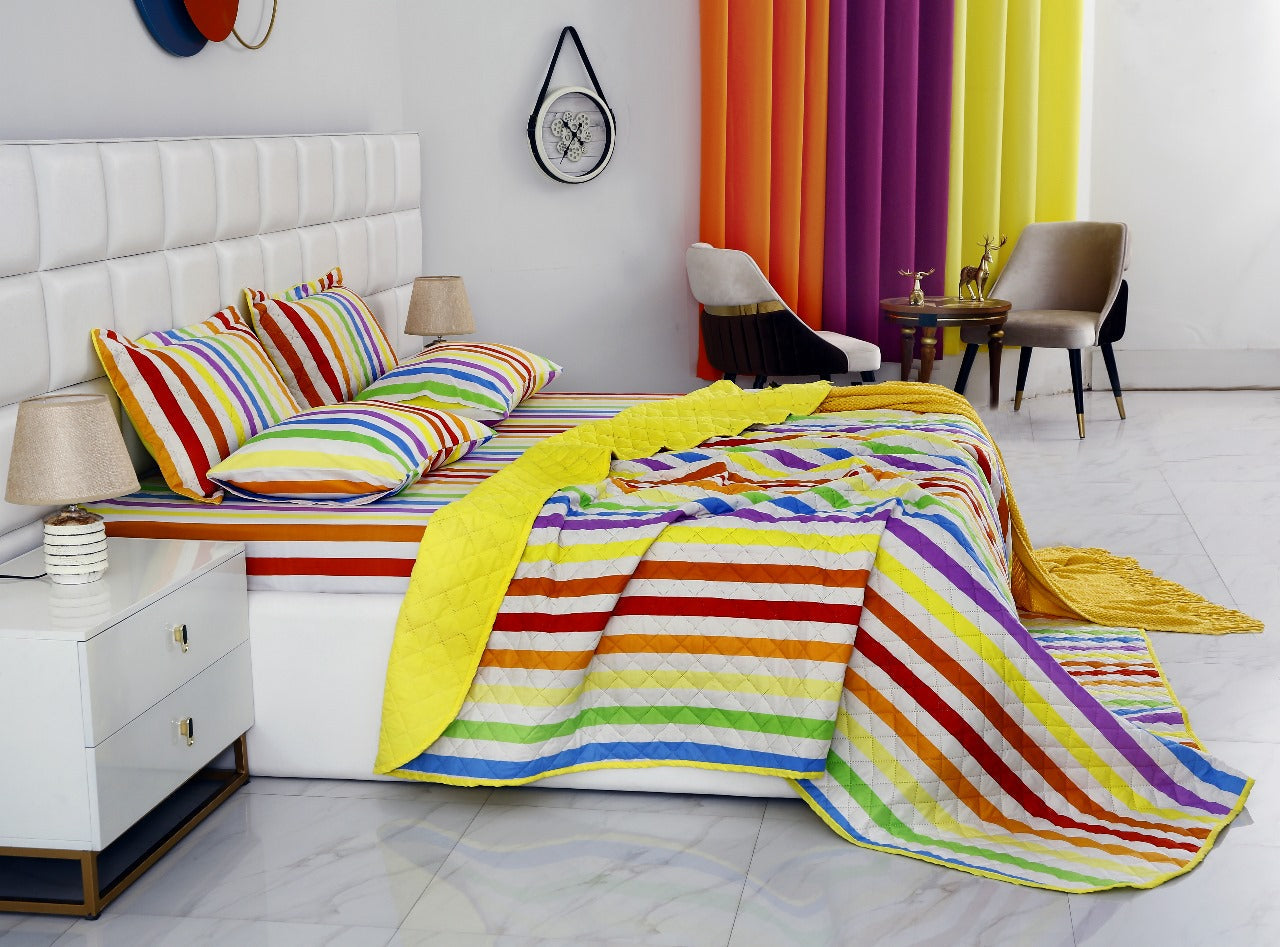 6 PCs Bed Spread Set-Multi Stripe(Yellow) Bed Spread Apricot   