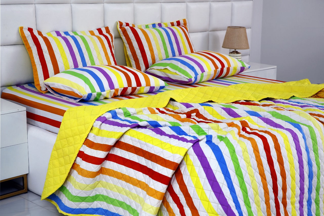 6 PCs Bed Spread Set-Multi Stripe(Yellow) Bed Spread Apricot   