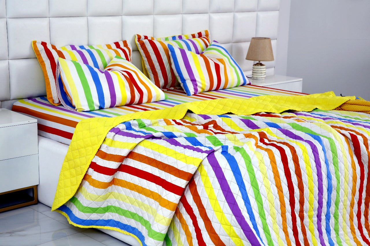6 PCs Bed Spread Set-Multi Stripe(Yellow) Bed Spread Apricot   