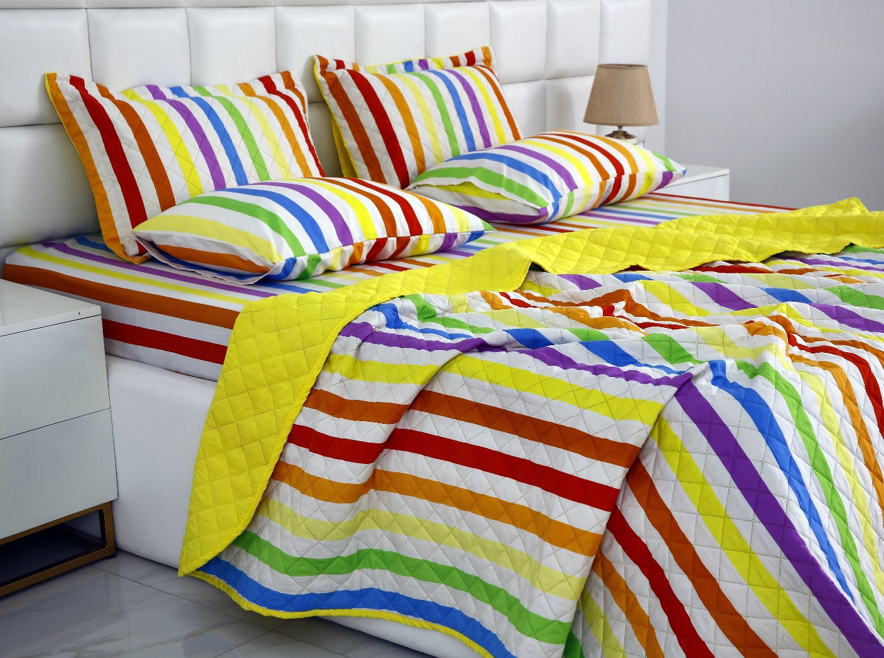 6 PCs Bed Spread Set-Multi Stripe(Yellow) Bed Spread Apricot   