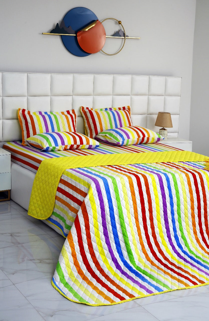 6 PCs Bed Spread Set-Multi Stripe(Yellow) Bed Spread Apricot   