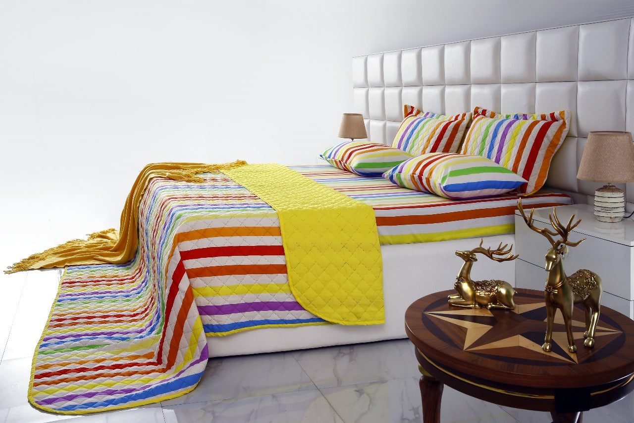 6 PCs Bed Spread Set-Multi Stripe(Yellow) Bed Spread Apricot   