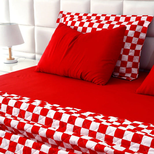 6 PCs Printed Bed Spread Set-Red Chess Bed Spread Apricot   