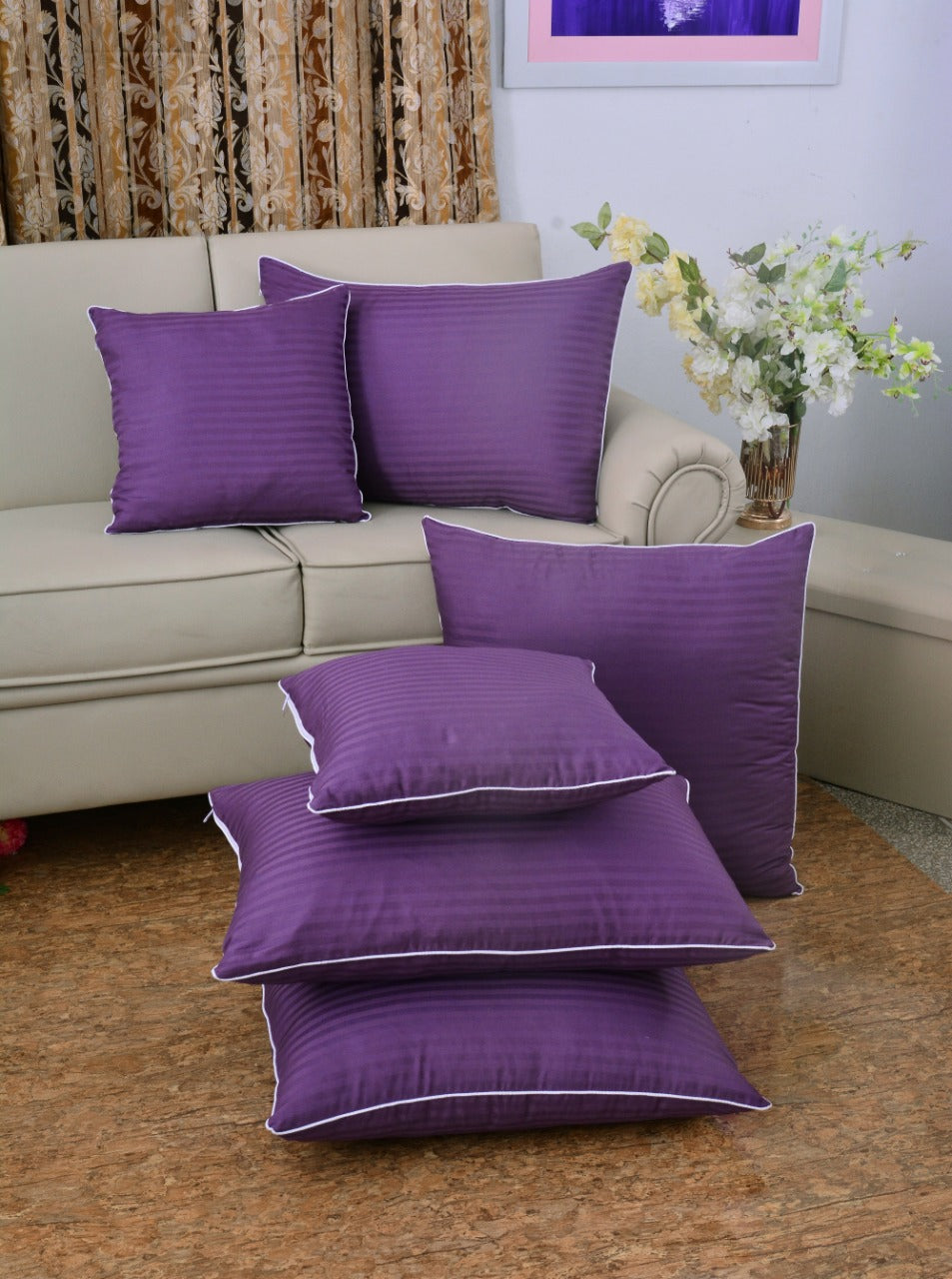 6 PCs Satin Pillows *2 Bed Cushion *2 & Floor Cushion *2 Set-D/Purple  Apricot   