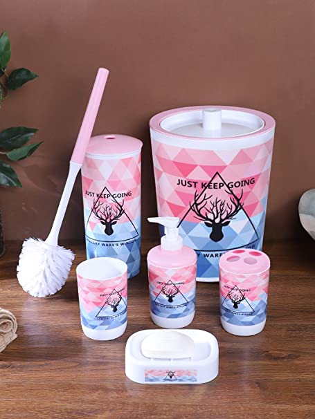 6 Pcs Printed Bathroom Accessory Set-Keep Going (4295 SMALL) Bathroom Accessory Sets Apricot   