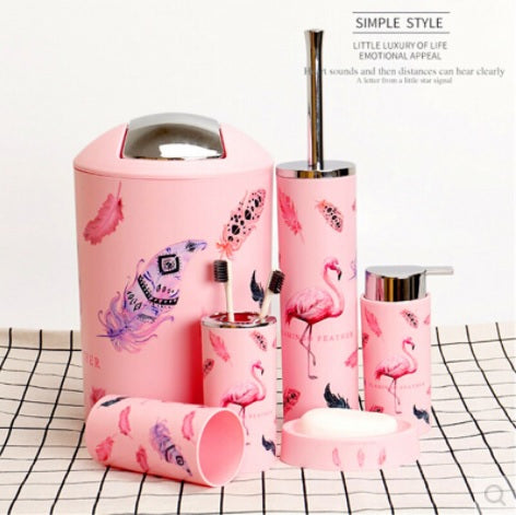 6 Pcs Printed Bathroom Accessory Set-Pink Flowers Bathroom Accessory Sets Apricot