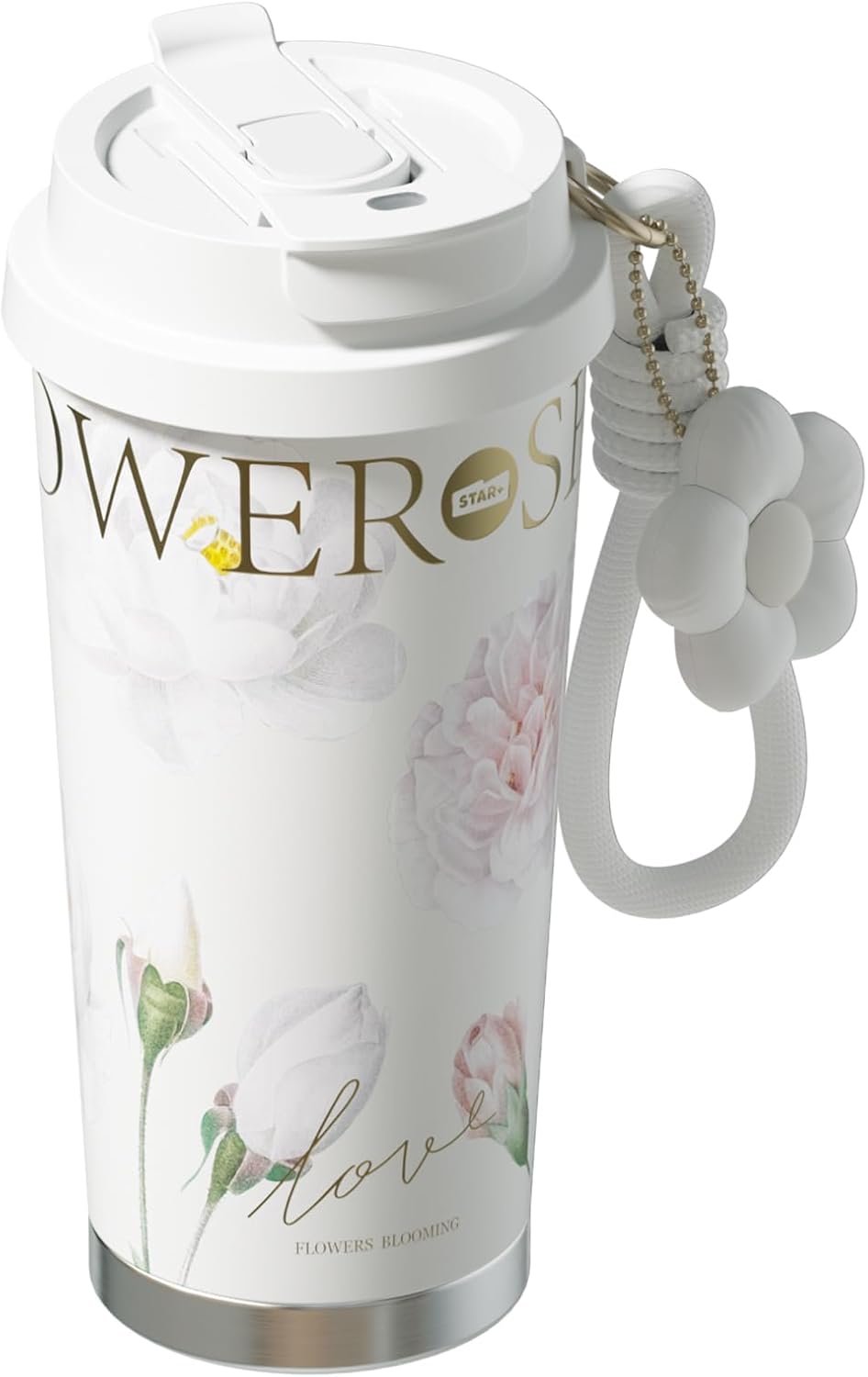 Stainless Steel Flower Coffee Mug- WHITE(WITH Charm)