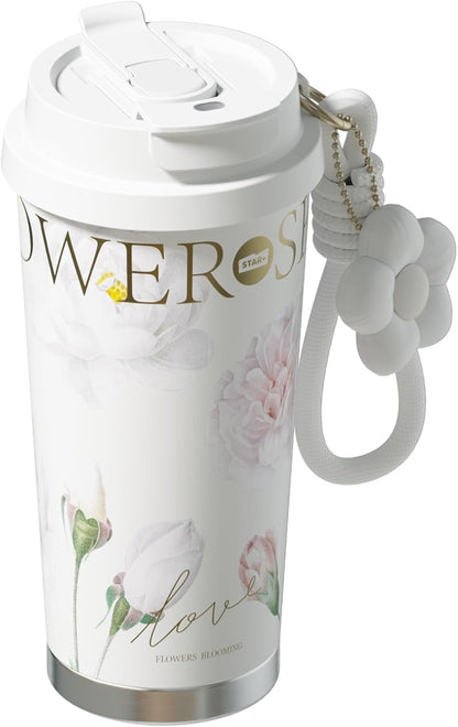 Stainless Steel Flower Coffee Mug- WHITE(WITH Charm)