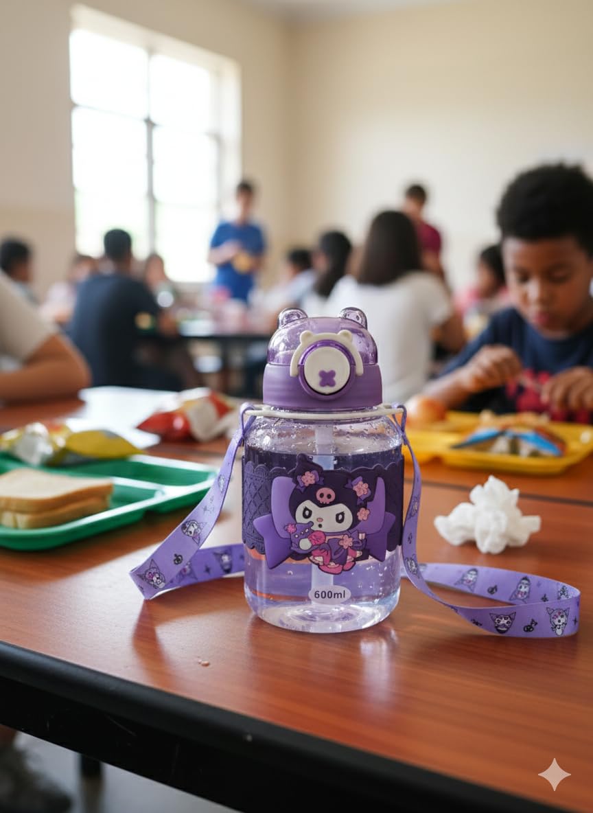 Kids Cartoon Sipper Water Bottle 600ml with Adjustable Strap (SA2510-146)VIOLET Apricot