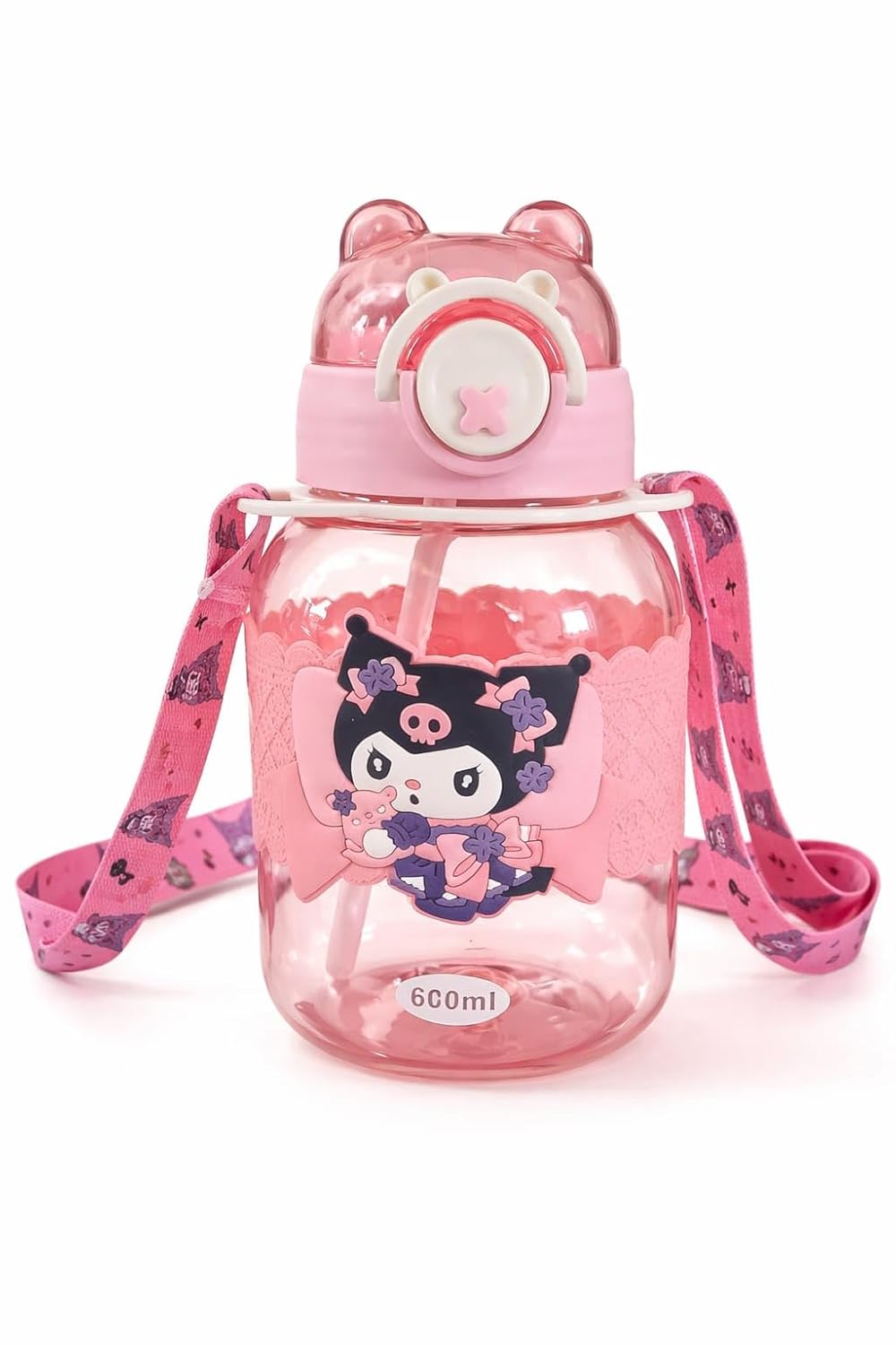 Kids Cartoon Sipper Water Bottle 600ml with Adjustable Strap (SA2510-146)Pink Apricot