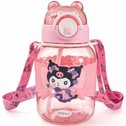 Kids Cartoon Sipper Water Bottle 600ml with Adjustable Strap (SA2510-146)Pink Apricot