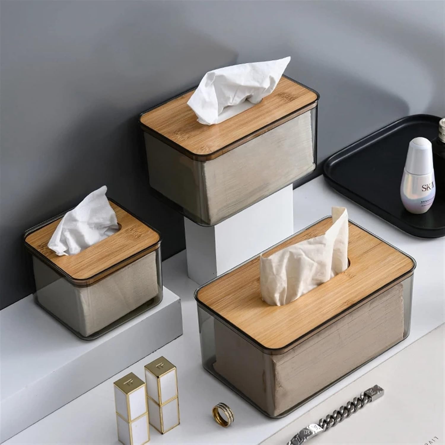Bamboo Lid Transparent Tissue Box Tissue Box Apricot
