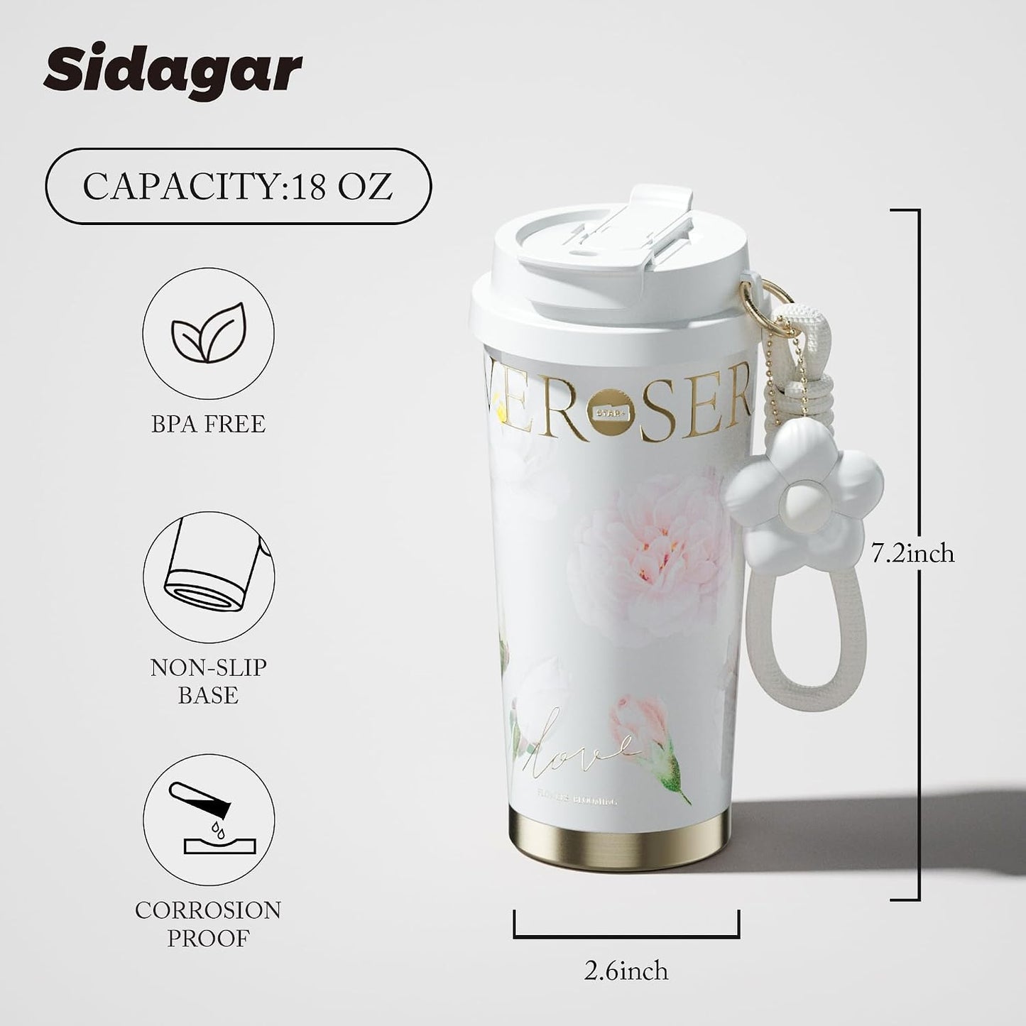 Stainless Steel Flower Coffee Mug- WHITE(WITH Charm)