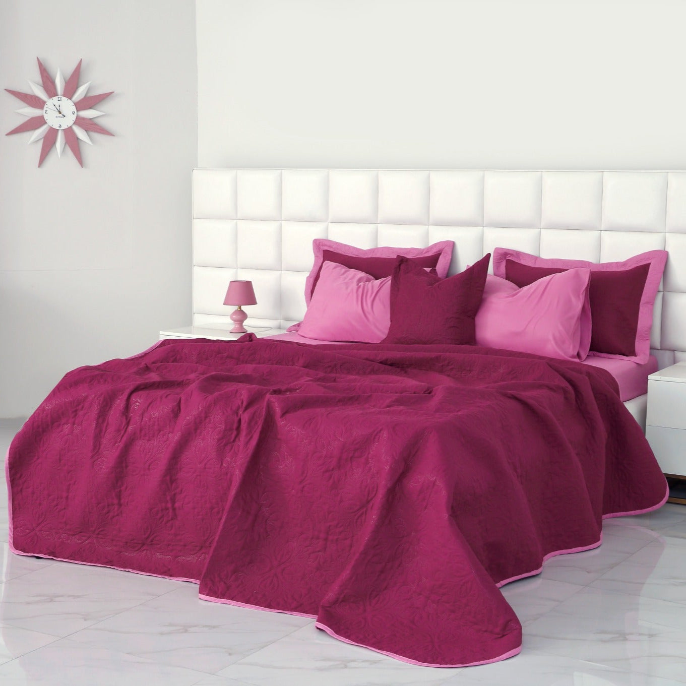 7 PCs Ultrasonic Bed Spread Set-Lilac over Plum Bed Spread Apricot   