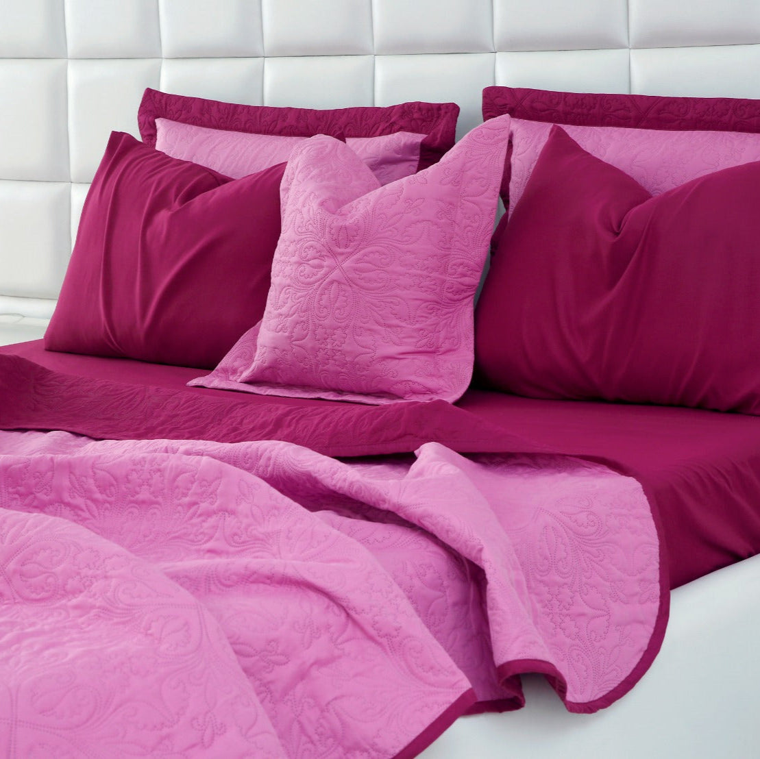 7 PCs Ultrasonic Bed Spread Set-Lilac over Plum Bed Spread Apricot   