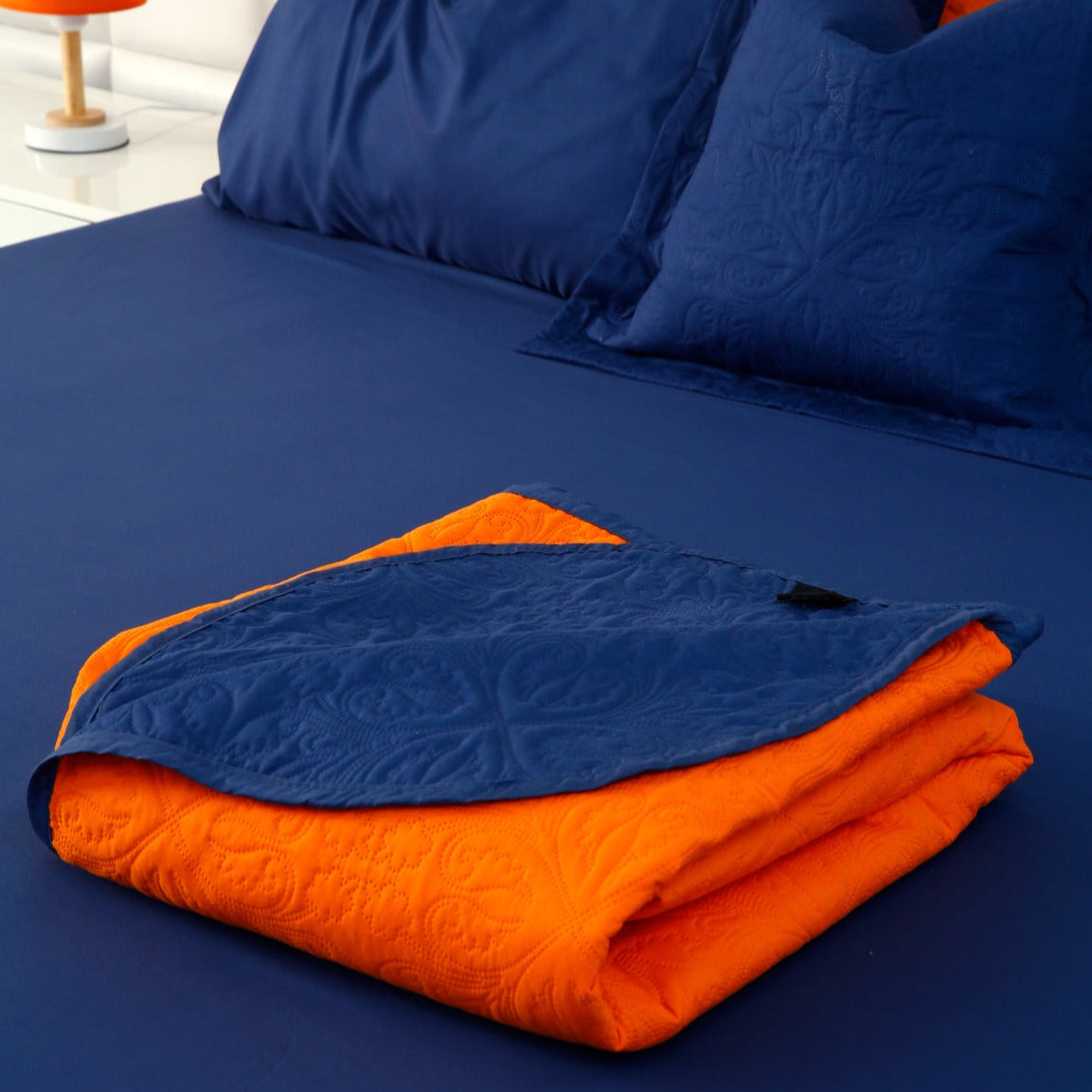 7 PCs Ultrasonic Bed Spread Set-Navy Blue over Orange Bed Spread Apricot   
