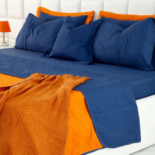 7 PCs Ultrasonic Bed Spread Set-Navy Blue over Orange Bed Spread Apricot   