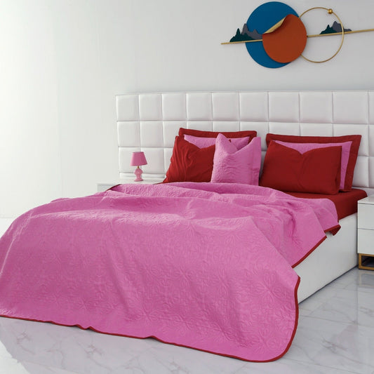 7 PCs Ultrasonic Bed Spread Set-Red over Lilac Bed Spread Apricot   