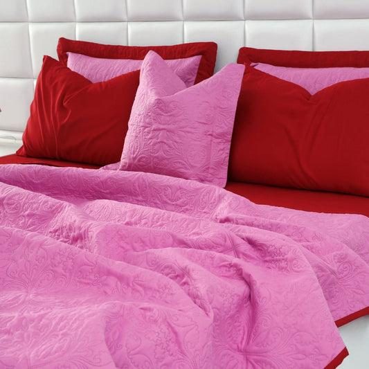 7 PCs Ultrasonic Bed Spread Set-Red over Lilac Bed Spread Apricot   