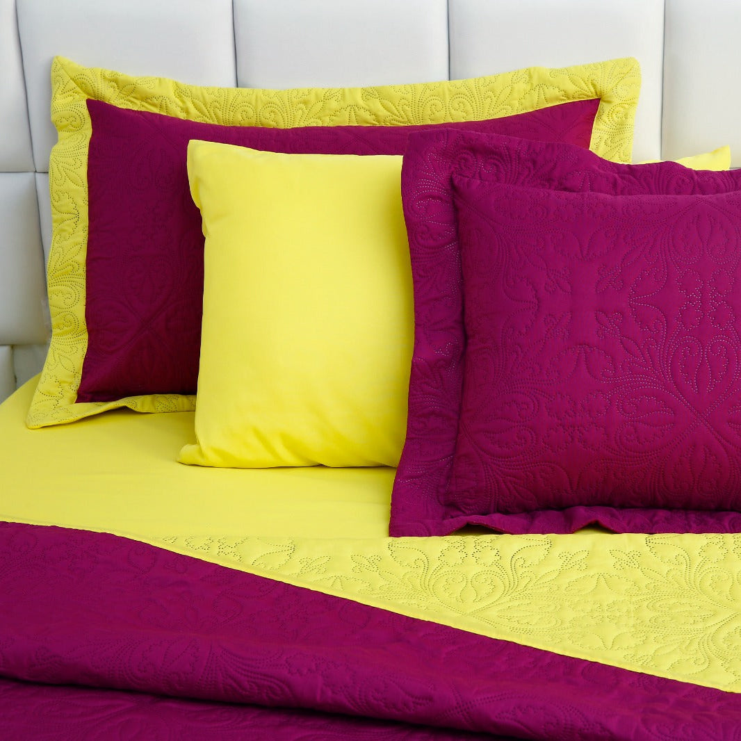 7 PCs Ultrasonic Bed Spread Set-Yellow Over Plum Bed Spread Apricot   