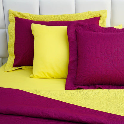 7 PCs Ultrasonic Bed Spread Set-Yellow Over Plum Bed Spread Apricot   