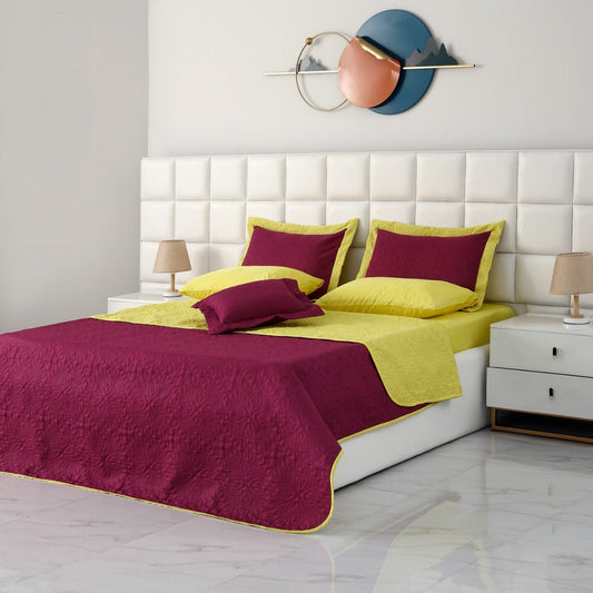 7 PCs Ultrasonic Bed Spread Set-Yellow Over Plum Bed Spread Apricot   