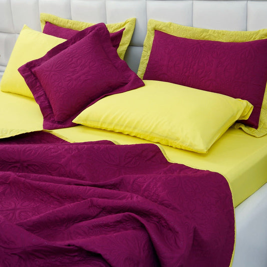 7 PCs Ultrasonic Bed Spread Set-Yellow Over Plum Bed Spread Apricot   