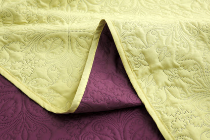 7 PCs Ultrasonic Bed Spread Set-Yellow Over Plum Bed Spread Apricot   