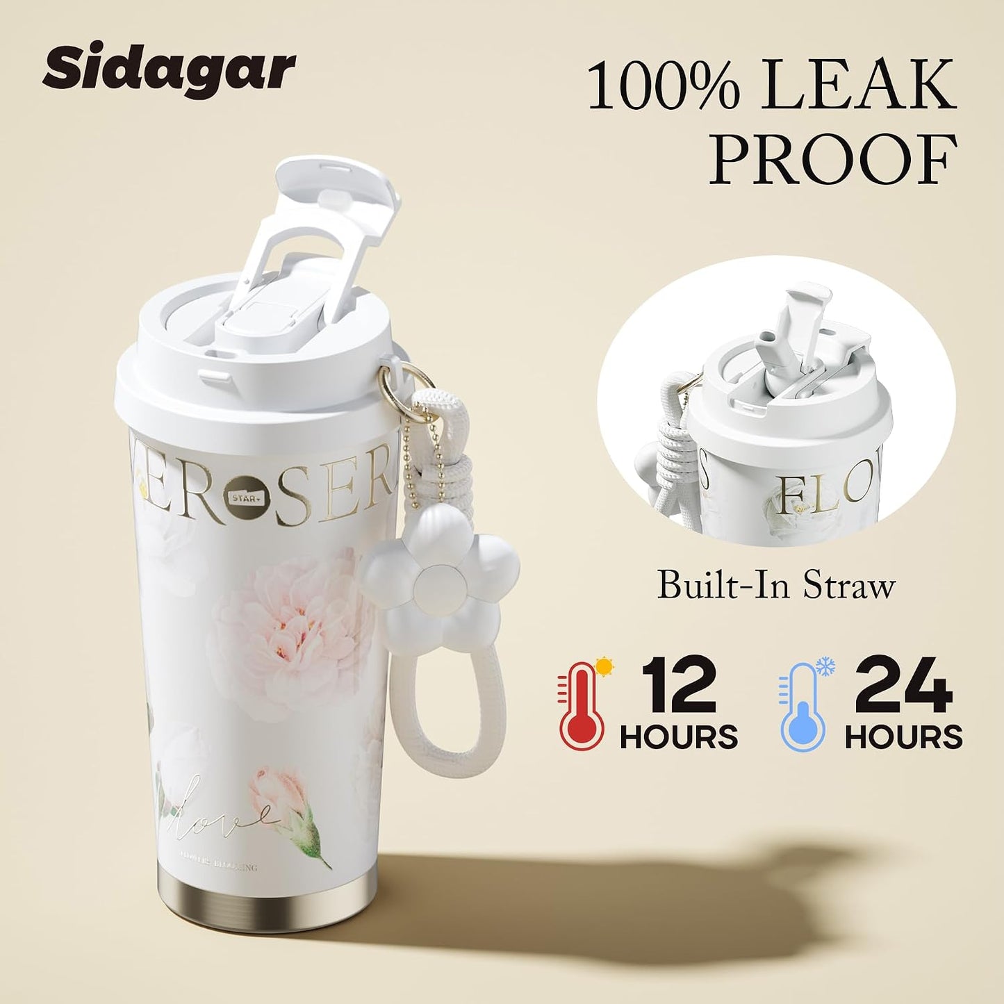 Stainless Steel Flower Coffee Mug- WHITE(WITH Charm)