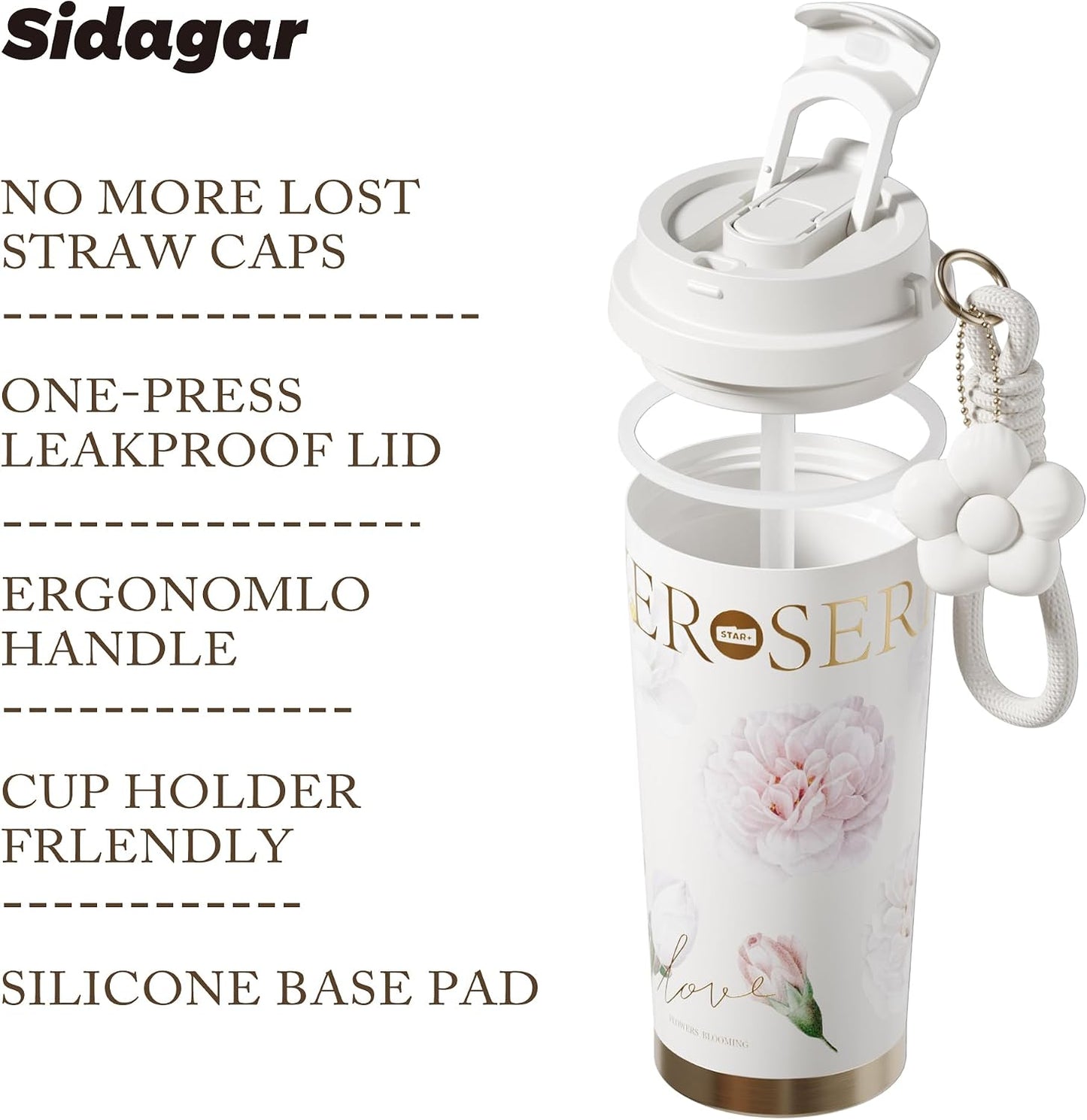 Stainless Steel Flower Coffee Mug- WHITE(WITH Charm)