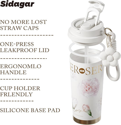 Stainless Steel Flower Coffee Mug- WHITE(WITH Charm)