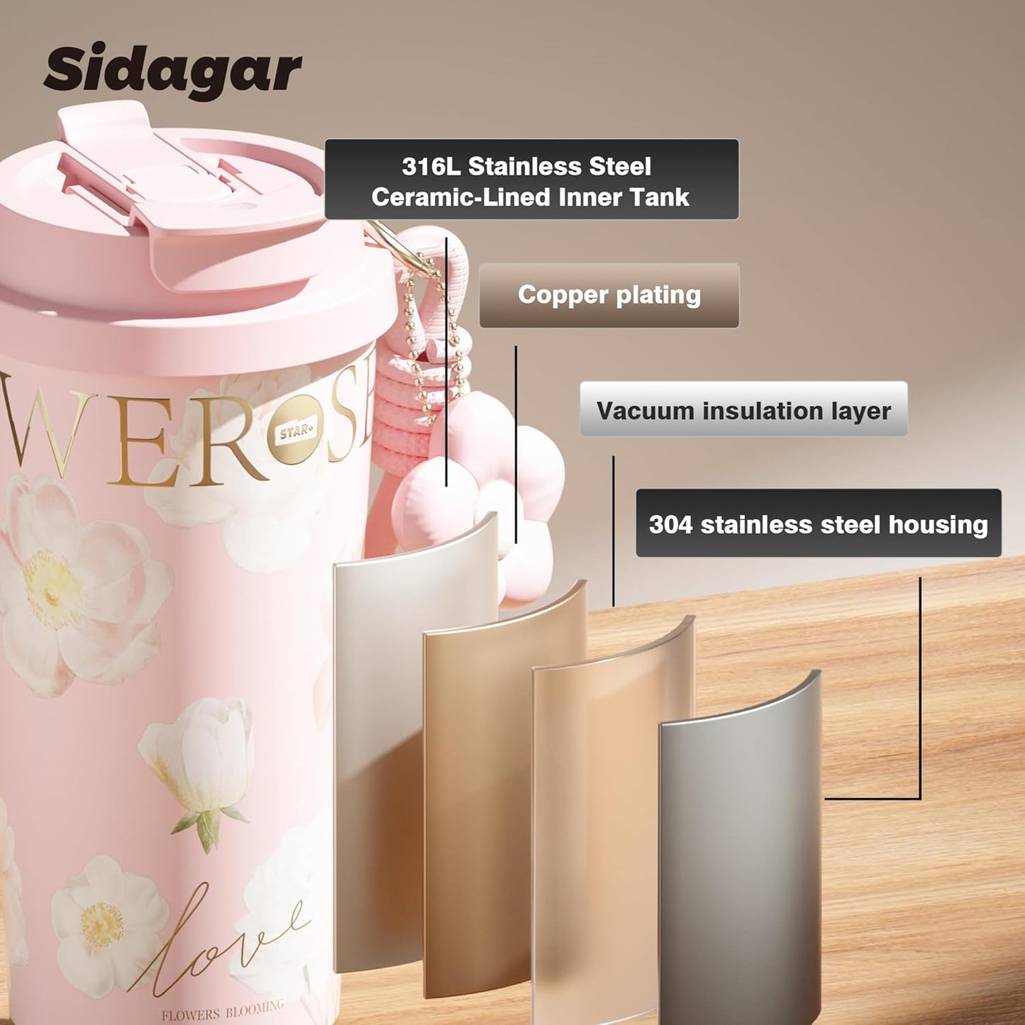 Stainless Steel Flower Coffee Mug- PINK(WITH Charm)