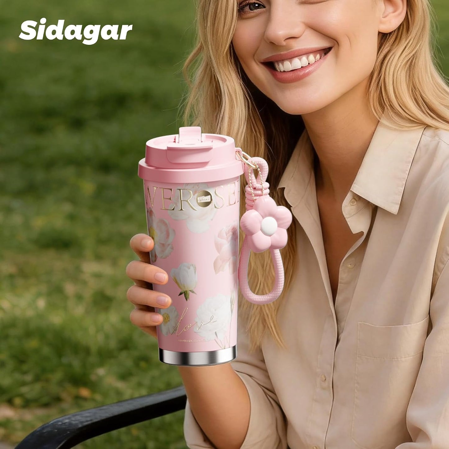 Stainless Steel Flower Coffee Mug- PINK(WITH Charm)