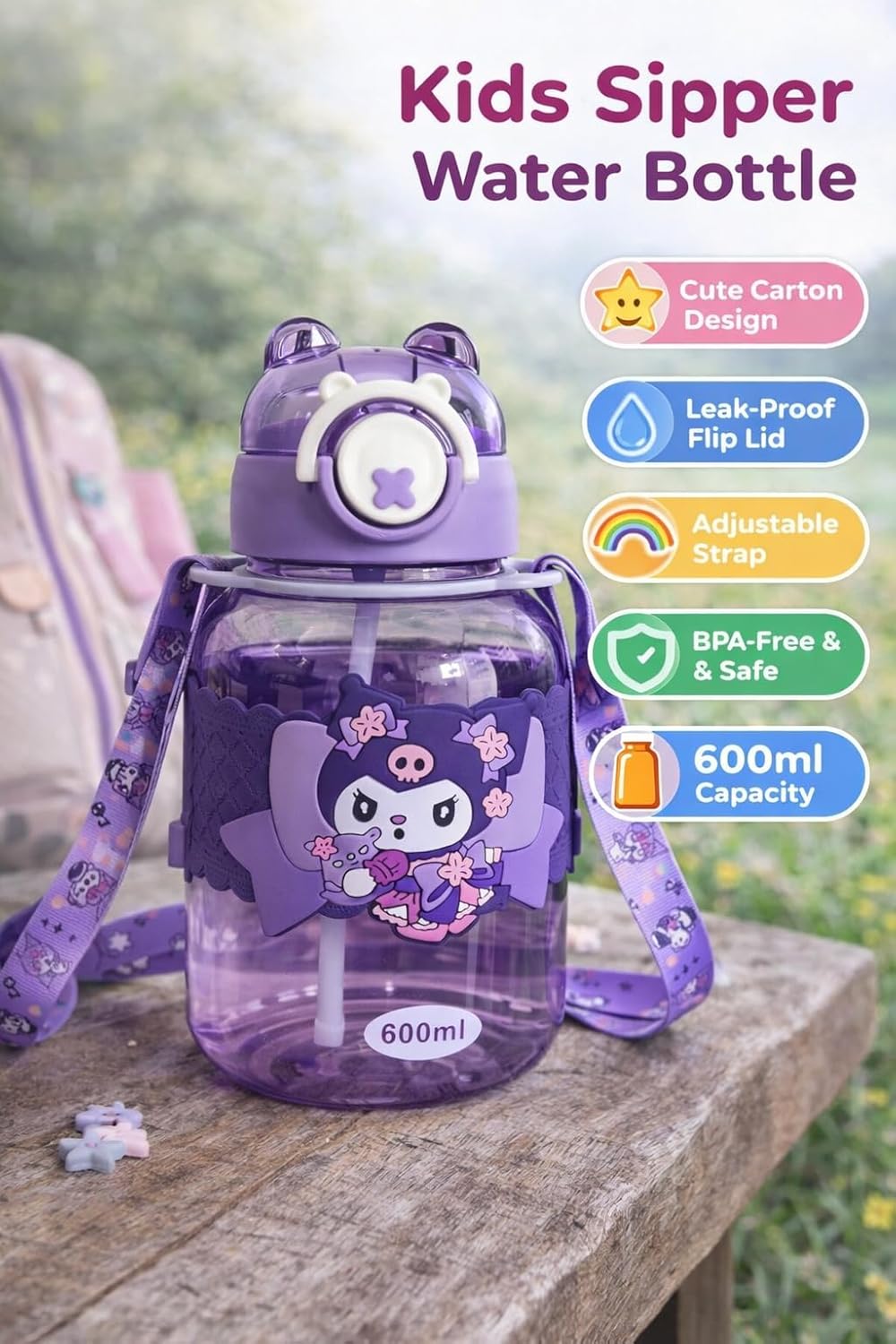 Kids Cartoon Sipper Water Bottle 600ml with Adjustable Strap (SA2510-146)VIOLET Apricot