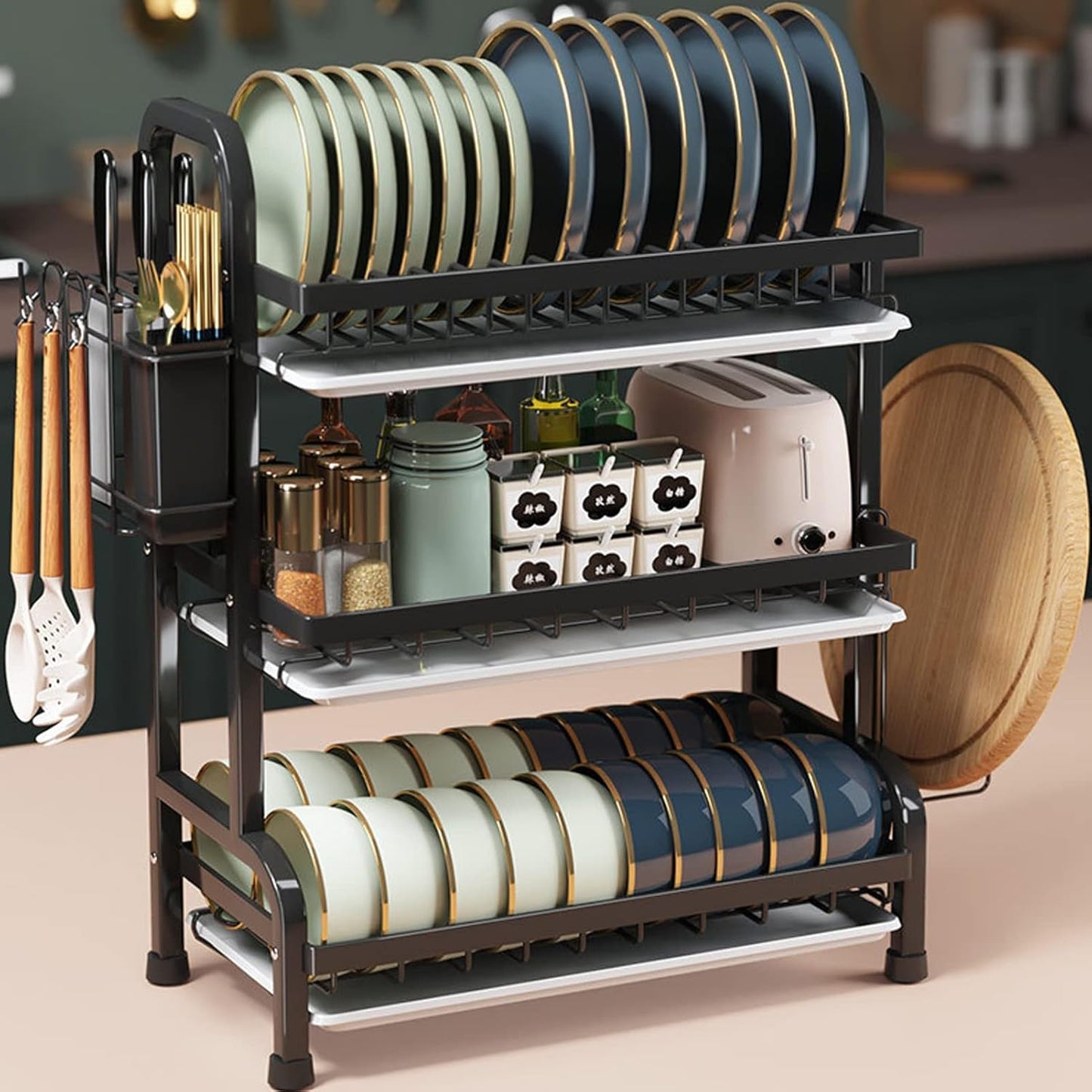 3-Tier-Dish Drying Rack & Utensil Holder(15256) Dish Rack Apricot