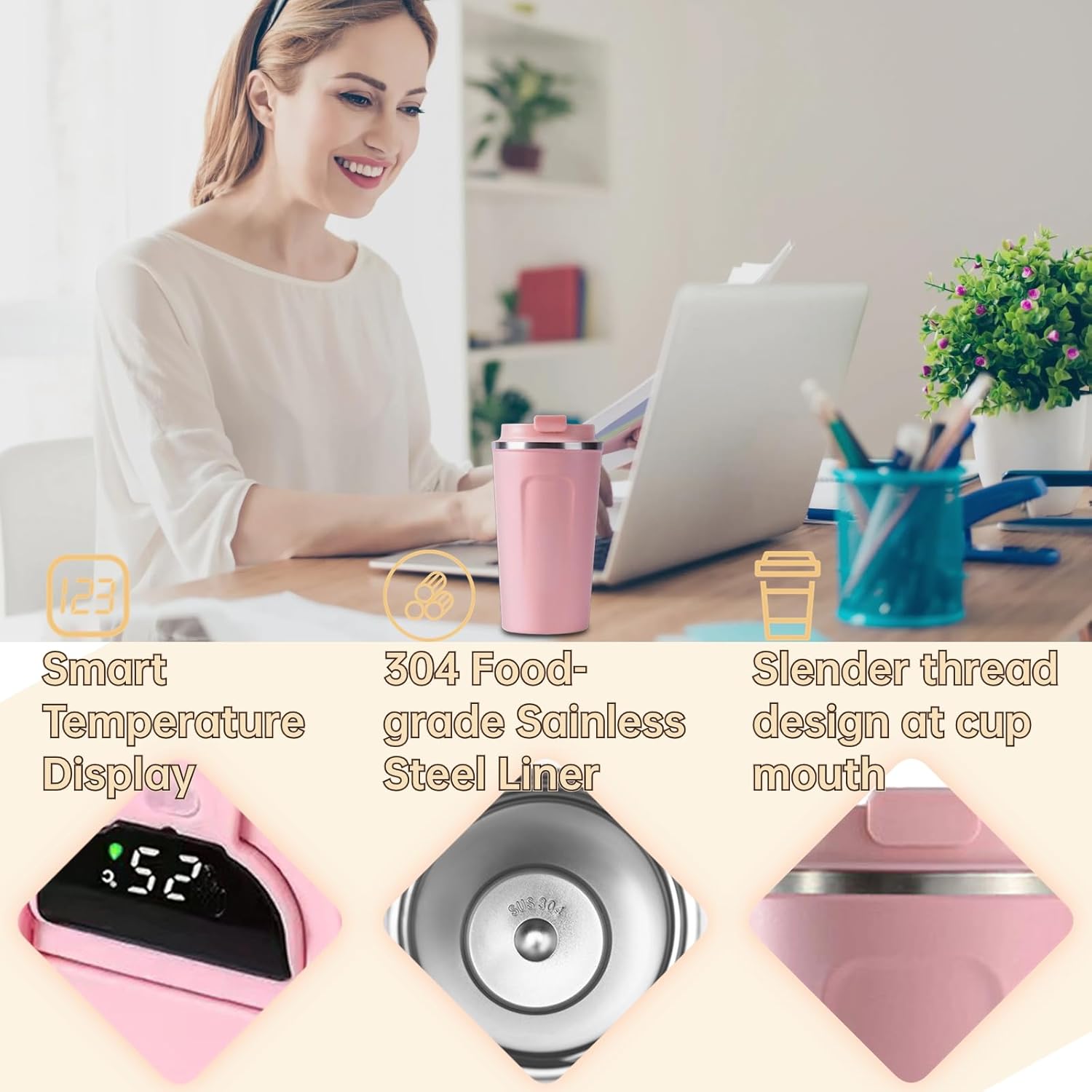 510ML Thermo Coffee Mug with Hermetic Temperature (SA2510-074)Pink Tumbler Apricot