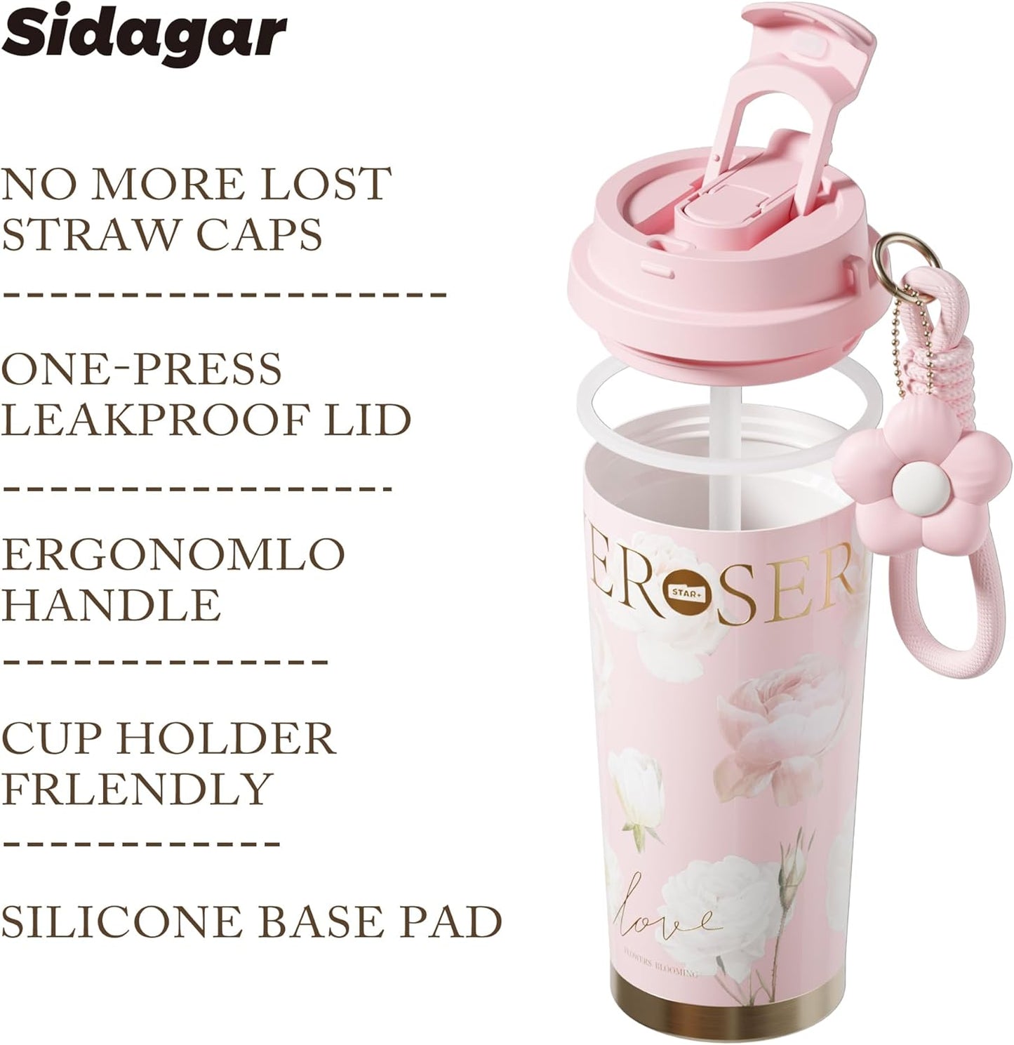 Stainless Steel Flower Coffee Mug- PINK(WITH Charm)