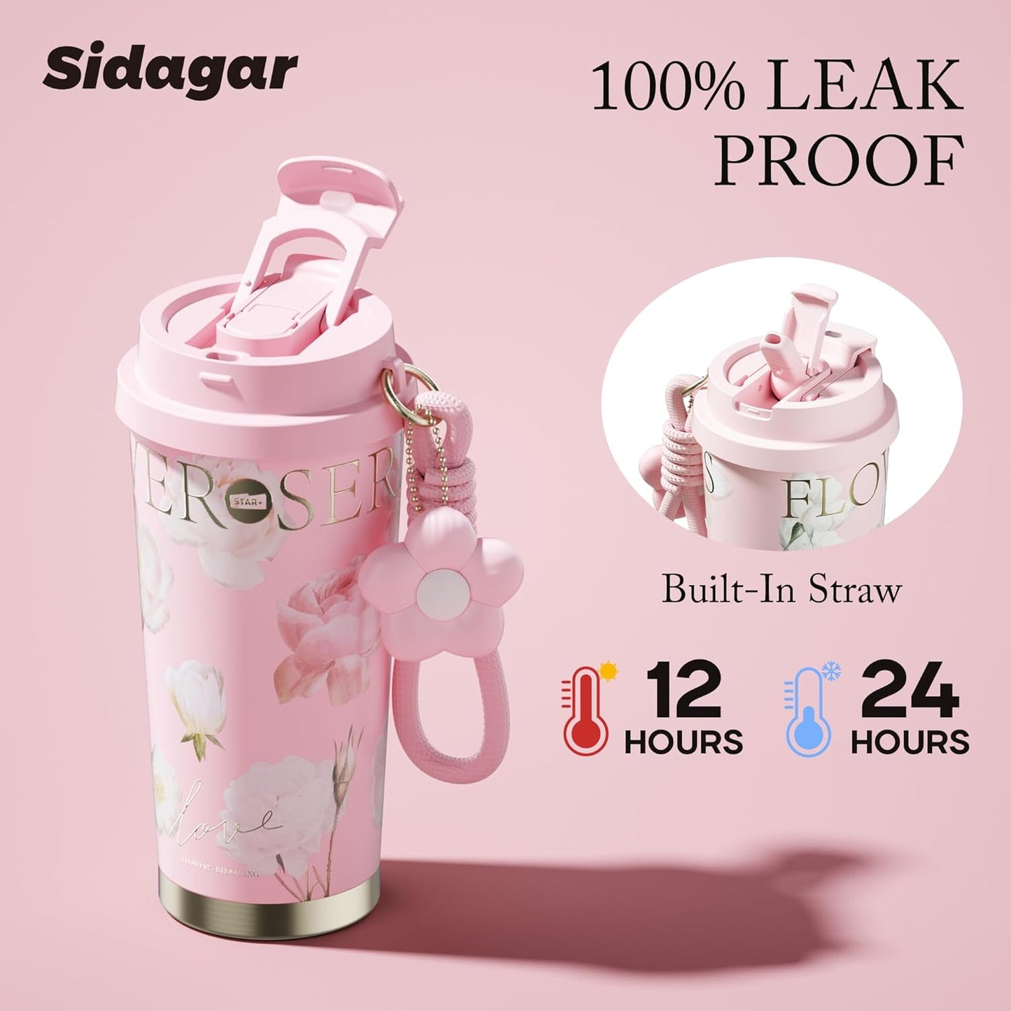 Stainless Steel Flower Coffee Mug- PINK(WITH Charm)