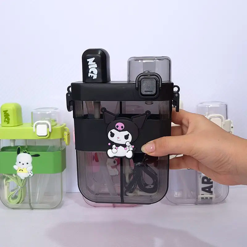 2 in 1 Cute Cartoon Dual Compartment Water Bottle with Straw (SA2510-148) Apricot Black