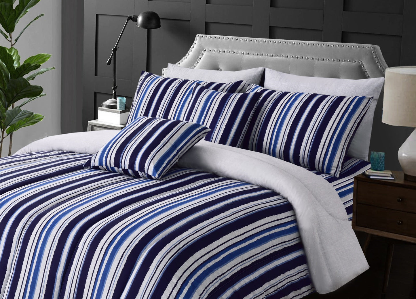 8 PCs Winter Comforter Set-Bold Stripes(Grey Reverse) Comforters Apricot   