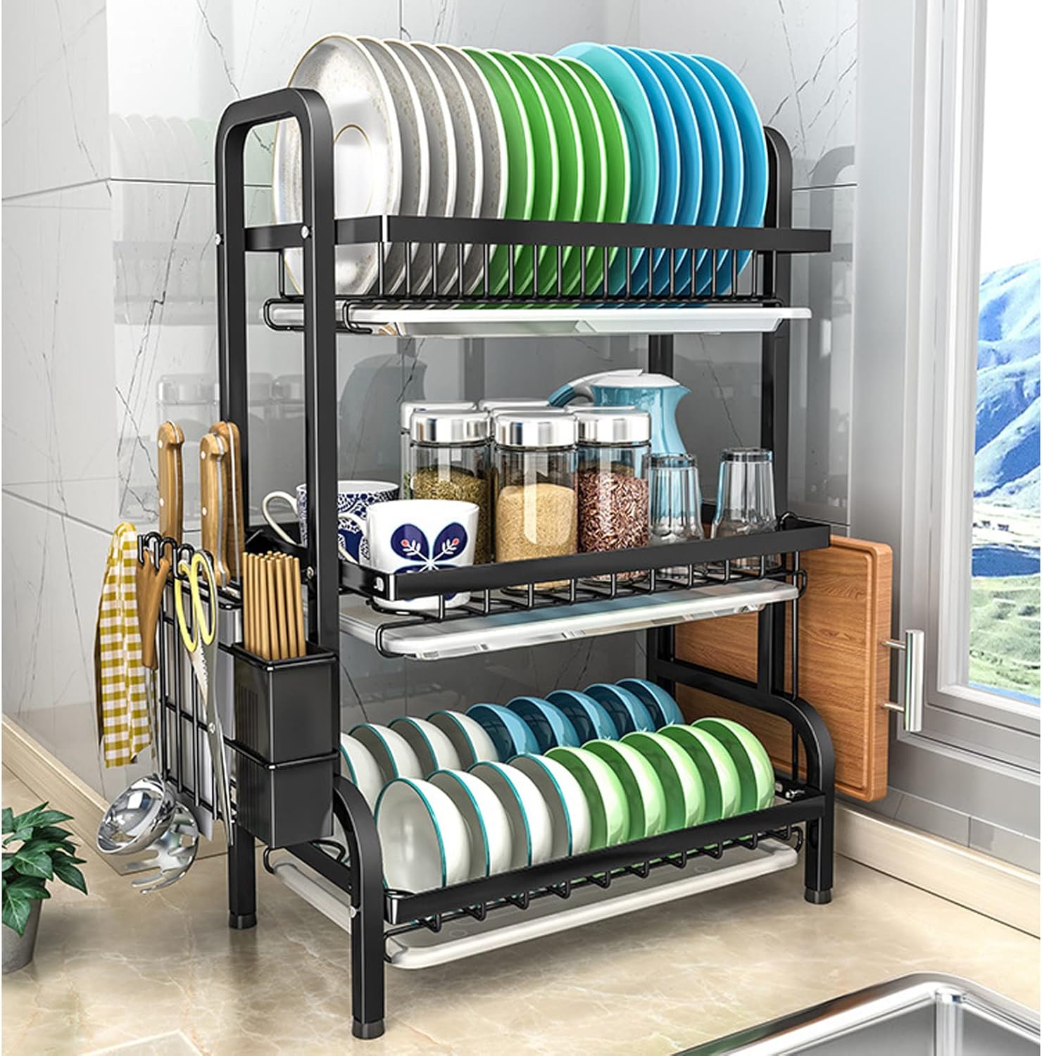 3-Tier-Dish Drying Rack & Utensil Holder(15256) Dish Rack Apricot