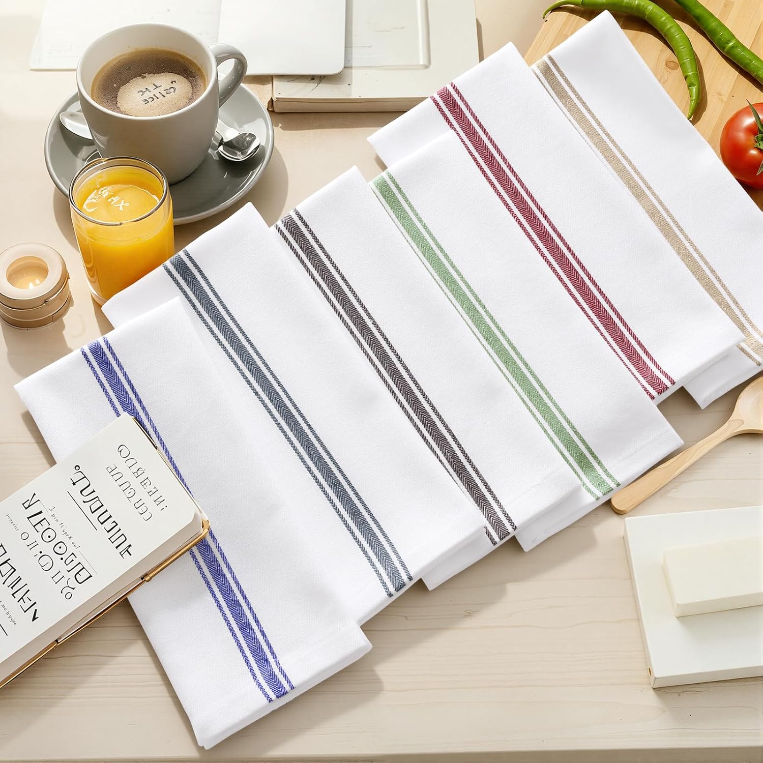 100% Cotton Kitchen Towels & Napkins 6 Pack- GREY Apricot