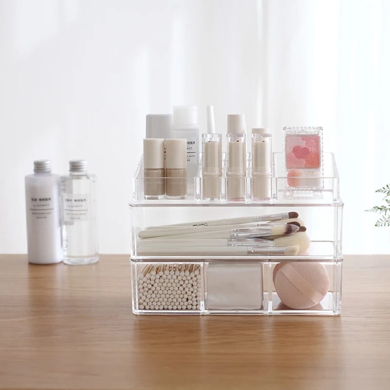 Acrylic 2 Drawer Makeup Organizer-(5362)Transparent Cosmetic Organizer Apricot
