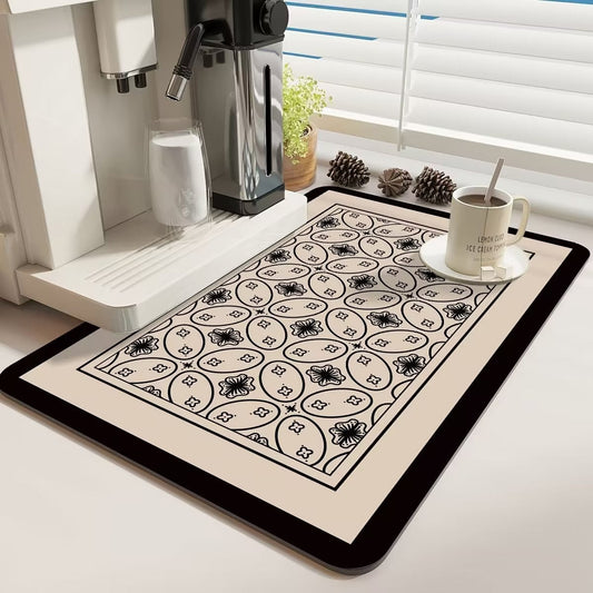 Anti Slip Dish Drying Mat-Black Flowers(5948) Rugs Apricot   