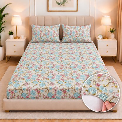 Cotton Fitted Bed Sheet- Aqua Roselle