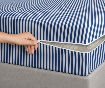 Zipper Mattress Cover Printed- Blue Stripes Protectors Apricot