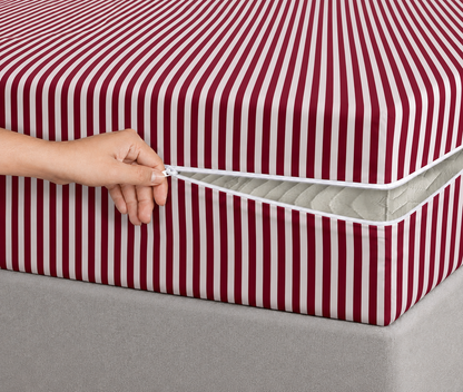 Zipper Mattress Cover Printed- Maroon Stripes Protectors Apricot