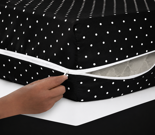 Zipper Mattress Cover Printed- Black Polka Protectors Apricot